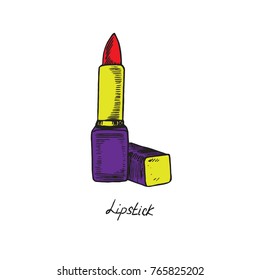 Red lipstick, hand drawn doodle sketch in pop art style with inscription, isolated vector illustration