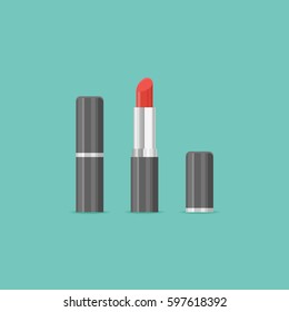 Red lipstick isolated on background. Closed and open. Vector illustration.