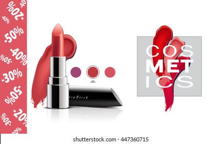 Red lipstick isolated on white background. Sale poster.