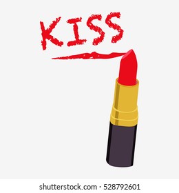 Red lipstick isolated on white background. Kiss written with lipstick. Flat vector stock illustration. Decorative cosmetics