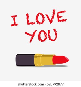 Red lipstick isolated on white background. I love you written with lipstick. Flat vector stock illustration. Decorative cosmetics