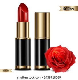 Red lipstick isolated Vector realistic. 3D mock up advertising poster promoting makeup premium products. Package design. Color sample