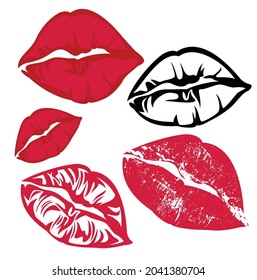 red lipstick kiss mark - vector design set of voluptuous lips imprints silhouette outlines