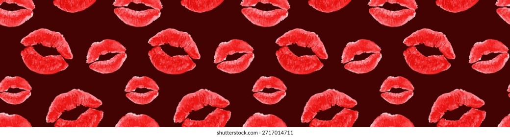 Patrón de beso de lápiz labial rojo sobre fondo oscuro - impresión de labios sin costuras. Perfecto para el día de San Valentín, diseños románticos y embalaje