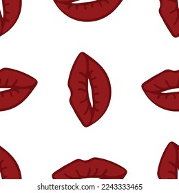 Red lipstick kiss seamless pattern. Makeup lips symbols, red silhouettes. Beauty and cosmetics texture decor textile, wrapping paper wallpaper print. Stock vector illustration