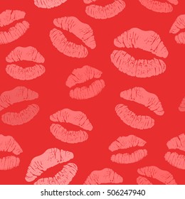 Red lipstick kiss seamless pattern, female lips.Vector stock illustration.