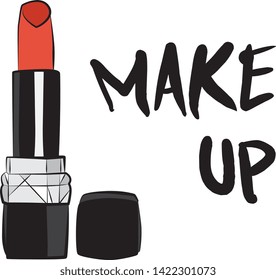 Red lipstick and lip gloss make up, Hand drawn cosmetics set. Make up, brush - Fashion illustration vector object isolated on white background