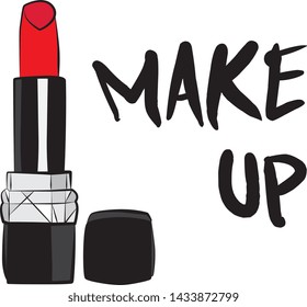 Red lipstick and lip gloss make up, Hand drawn cosmetics set. Make up, brush - Fashion illustration vector object isolated on white background
