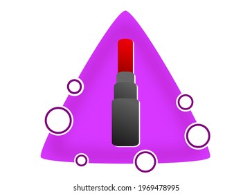 Red lipstick logo. Vector illustration of lipstick cosmetic on pink triangle shape with some circle stroke line isolated on white background.