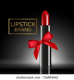  Red lipstick mockup with red bow on black background. 3D illustration. 