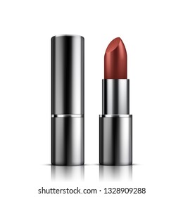 Red lipstick mockup, cosmetic package design. Vector illustration