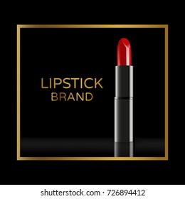  Red lipstick mockup on black background with gold frame. 3D illustration. 