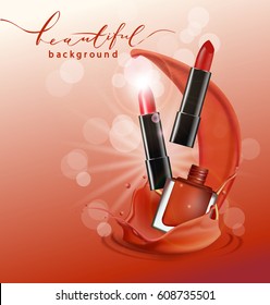 Red lipstick and red nail Polish. 3d illustration. Red lipstick and red nail Polish with liquid foundation texture splashes in the air. Vector illustration