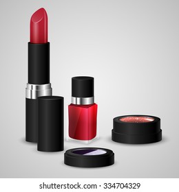 Red lipstick, nail polish, pink lip gloss and pallets with eye purple eye shadows. The pearlescent eye shadows. Realistic bottle of nail polish, open tube of lipstick. Vector illustration