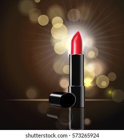 Red lipstick on a dark background with sparkles. Beauty and cosmetics background. Use for advertising flyer, banner, leaflet. Template Vector.