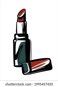Red lipstick with an open cap, lip cosmetics. Fashion illustration sketch.