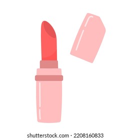 Red lipstick in pink tube. Hand drawn makeup product in cartoon style. Vector illustration isolated on white background.