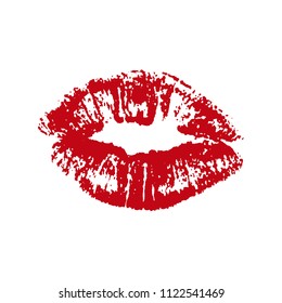 Red lipstick print vector Illustration. Lips icon isolated on white background. Grunge texture on paper. Graphic elements for romantic, cosmetic, passion, valentine materials. Love sign for letter