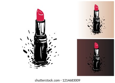 Red lipstick. Professional makeup artist design kit with isolated elements on colors similar two white and black skin tone. Clip-art icon for branding, t-shirt print, promo ads.