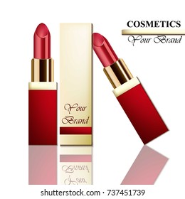 Red lipstick Realistic Vector on white background. Cosmetics packaging mock up advertise