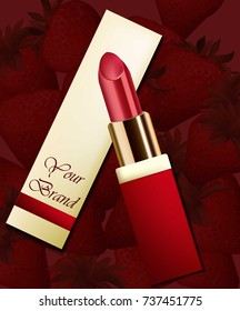 Roter Lippenstift Realistischer Vektor auf Rosenhintergrund. Kosmetikverpackung spottet Werbevorlage