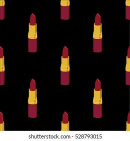 Red lipstick seamless background pattern. Flat vector stock illustration. Decorative cosmetics. Pink, red, purple lipsticks