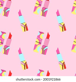 Patrón sin costuras de lápiz labial rojo. Elemento femenino de maquillaje de belleza en póster o tarjeta de fondo rosa. Glamour a la moda brillante cosmética. Decoración de papel de revestimiento textil papel tapiz de papel de pared de impresión vectorial o tela