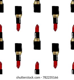 Red Lipstick Seamless Pattern. Hand drawn graphic red lipstick. Contrast glamour makeup fashion seamless pattern in vogue style. Isolated elements on white background