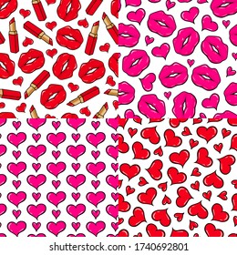Red lipstick seamless pattern set. Women fashion background. Lipsticks, kisses and heart texture collection