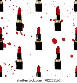 Red Lipstick Seamless Pattern. Lipstick in vogue style with splashed ink in watercolor style, hand drawing makeup sketch, seamless pattern design on white background