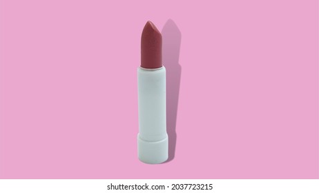 Red lipstick with shadow on pink background