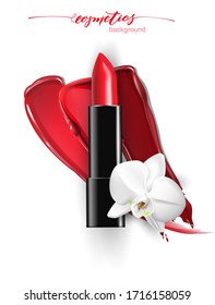 Red lipstick, and smear  red lipstick .Beauty and cosmetics background. Use for advertising flyer, banner, leaflet. Vector 3D illustration poster. Template Vector.