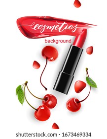 Red lipstick, lipstick smear and red cherry and drops of water. The view from the top. Beauty and cosmetics background. Use for advertising flyer, banner, leaflet. Template Vector.