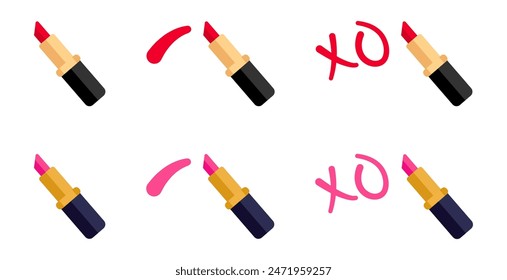 Rotes Lippenstift-Abstrich-flaches Symbol. Pink Lippenstift wischt Cartoon Stil Illustration. XO-Zeichen. Umarmungen und Küsse Symbol.