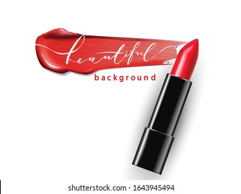 Red lipstick and a smear of lipstick.Beauty and cosmetics background. Use for advertising flyer, banner, leaflet. Template Vector.