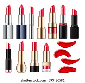 Red lipstick with smudges set. Make-up cosmetic products vector 3D illustration. Good for ads design.