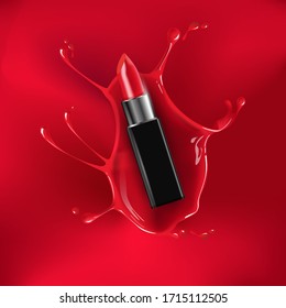 Red lipstick with splash of paint on red background  Template Vector for advertising Your product. 3D realistic detailed mockup. Beauty and cosmetics background. 