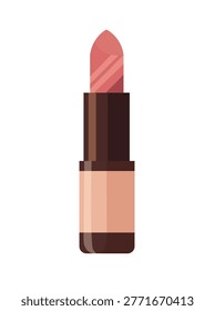 Red lipstick stick, minimalist flat vector illustration of cosmetic product isolated on white background, glamorous fashion accessory