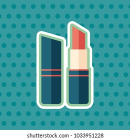 Red lipstick sticker flat icon with color background.