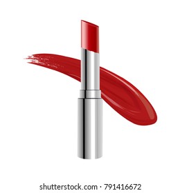 Red lipstick with a trace on a white background. Realistic metallic lipstick and smear. Makeup Studio logo design template. Vector logo layout