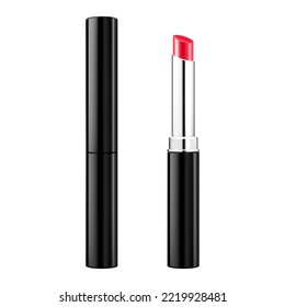 Red Lipstick tube template, Realistic mockup for decorative female cosmetics. 3d realistic packaging, opened and closed with cap. Vector illustration isolated on white background