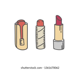 Red lipstick tubes set, vector illustration collection of lip make up of different shapes and styles make-up cosmetic packagse isolated on white