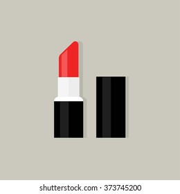 Red lipstick vector icon isolated on gray background, flat lipstick open, pink lipstick with shadow