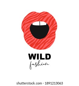 Red lipstick zebra pattern makeup mouth open vector illustration isolated on white Wild fashion lettering Safari lips clipart design for tee shirt poster print