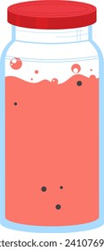 Red liquid in a clear bottle with red cap. Simplified graphic of a drink jar. Refreshment concept vector illustration.