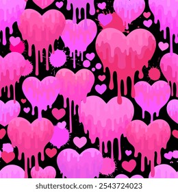 Red liquid dripping hearts. Vector seamless pattern