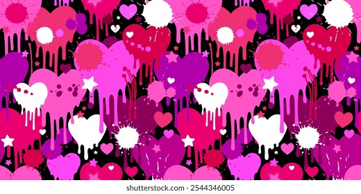 Red liquid dripping hearts. Vector seamless pattern