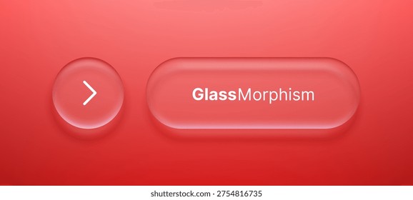 Red liquid glass morphism interface element with arrow button. Transparent frosted matte rectangle and circle shape with blur effect for UI design. Modern web site button app style.