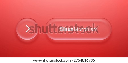 Red liquid glass morphism interface element with arrow button. Transparent frosted matte rectangle and circle shape with blur effect for UI design. Modern web site button app style.