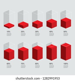 Red liquid histogram glass template from 10% to 100% number text. Flat design interface illustration inforchart infographic elements for app ui ux web banner button vector isolated on white background